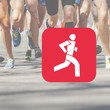 Im Hintergrund sind viele laufende Menschen zu sehen, im Vordergrund ein weißes Lauf-Piktogramm auf rotem Grund